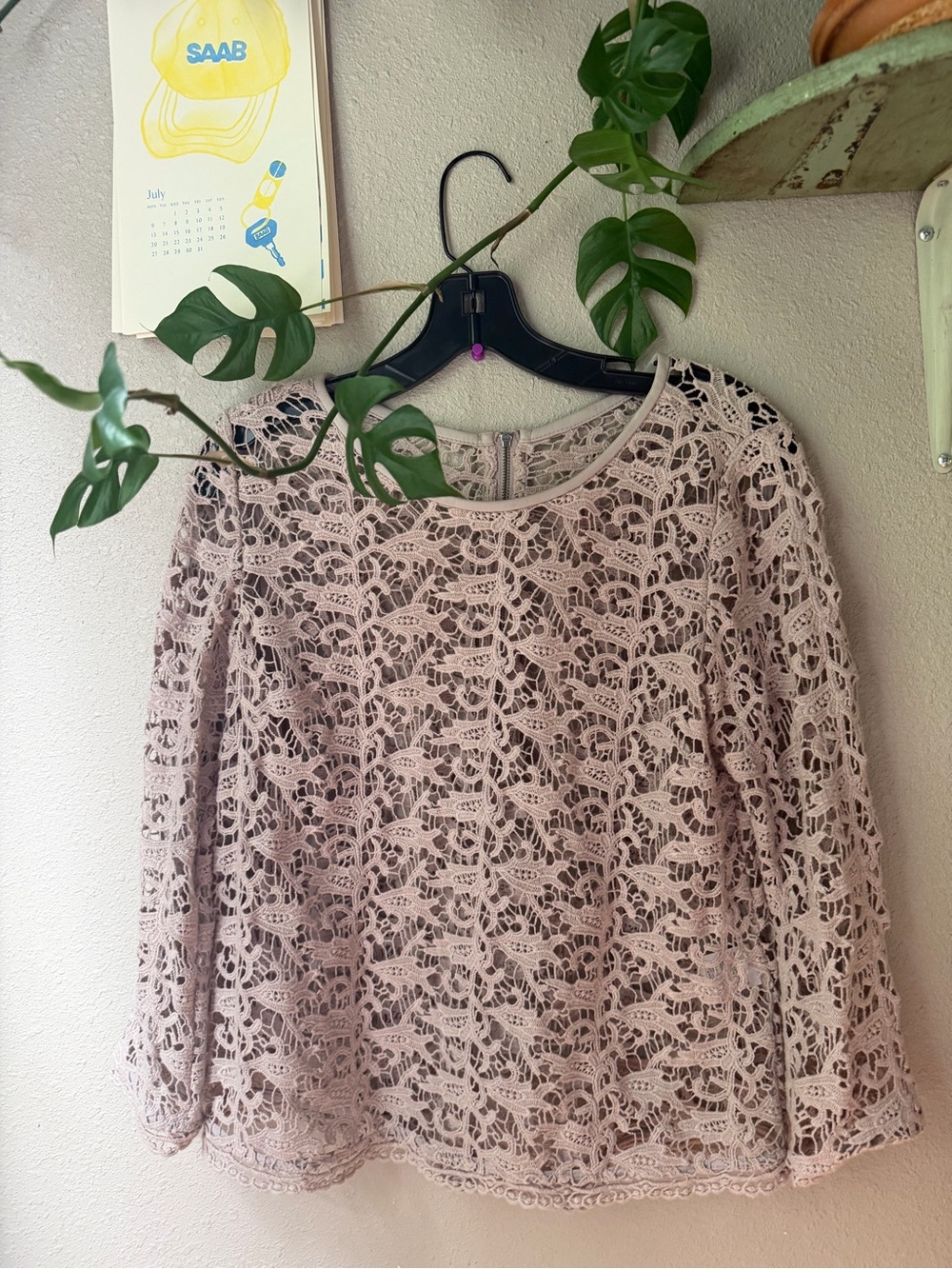 Lace Overlay Long Sleeve Top - Taupe